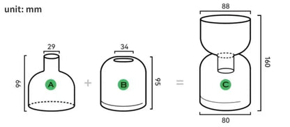 The diagram shows the assembly of a DecorBites™ mini glass vase set with labeled dimensions in millimeters