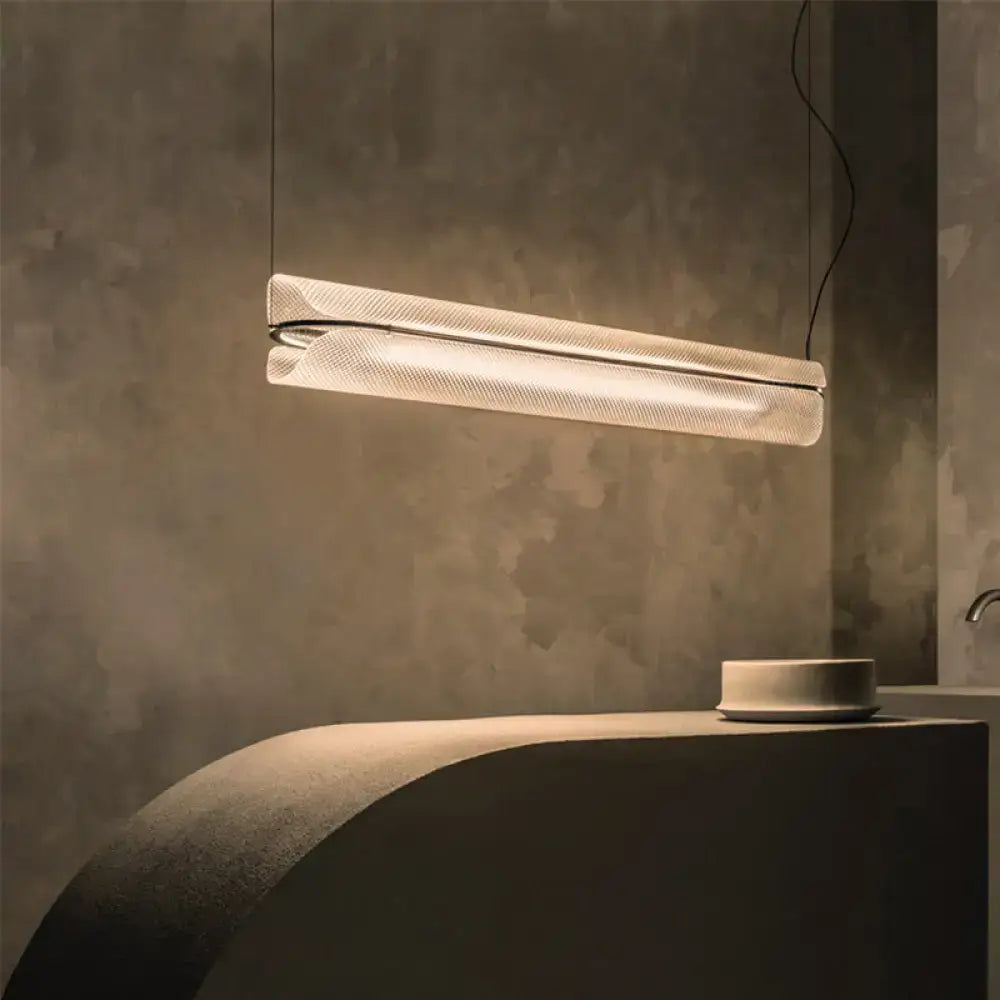 DecorBites™ minimalist hanging lamp with clear acrylic shade and acrylic pipe features frosted glass and metallic accents