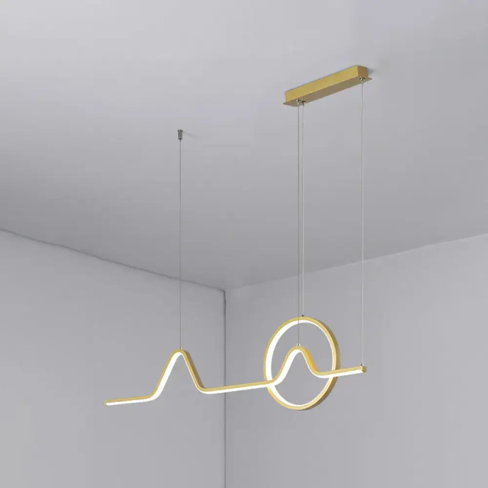 Gold-colored minimalist aluminum LED dining room pendant lamp with sleek abstract wave and circle design black gold white warm remote