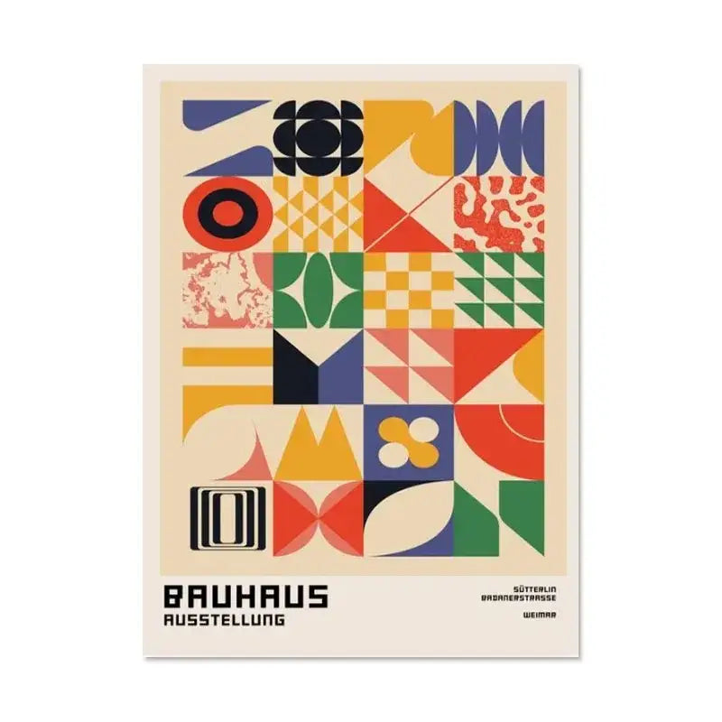 A vibrant bauhaus canvas print featuring bold colorful geometric shapes in red blue green yellow and black on cream background