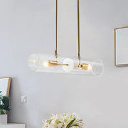 DecorBites minimalist brass finish island pendant suspended lighting fixture with clear glass tubes and exposed bulbs