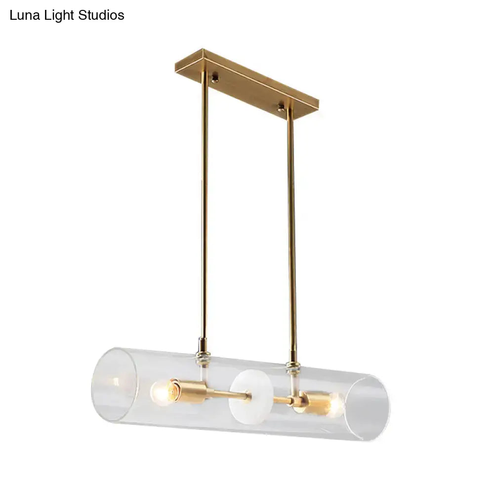 DecorBites™ minimalist brass finish island pendant with clear glass shade and dual bulbs suspended lighting fixture