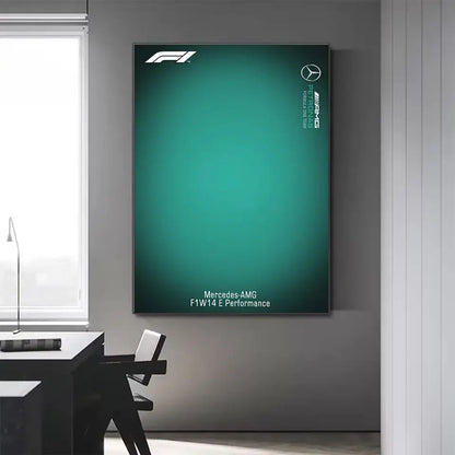 A sleek green framed minimalist formula 1 canvas wall art featuring the F1 logo and Mercedes-AMG F1 W14 E Performance car