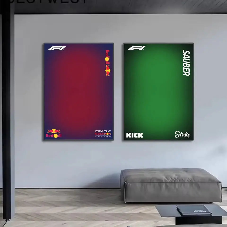 Two framed minimalist formula 1 canvas wall art posters with red bull gradient and sauber green backgrounds