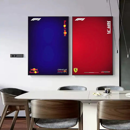Two minimalist formula 1 canvas wall art pieces featuring red bull racing and ferrari logos on blue and red backgrounds