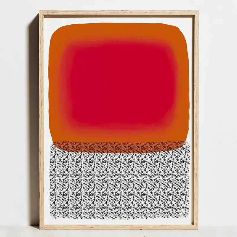 Decorbites™ minimalist geometric bauhaus art print featuring orange red gradients and black-and-white stippled pattern in light wood frame