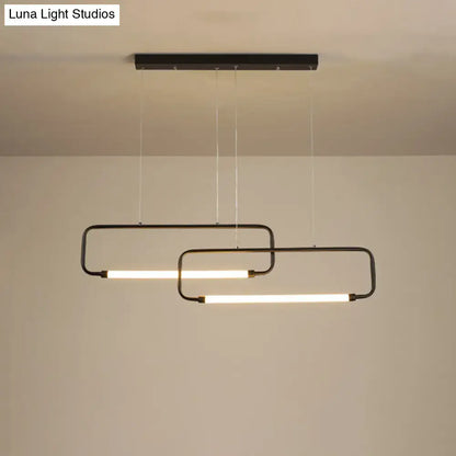 Modern black metal rectangular pendant light with two overlapping illuminated bars for dining room with color remote