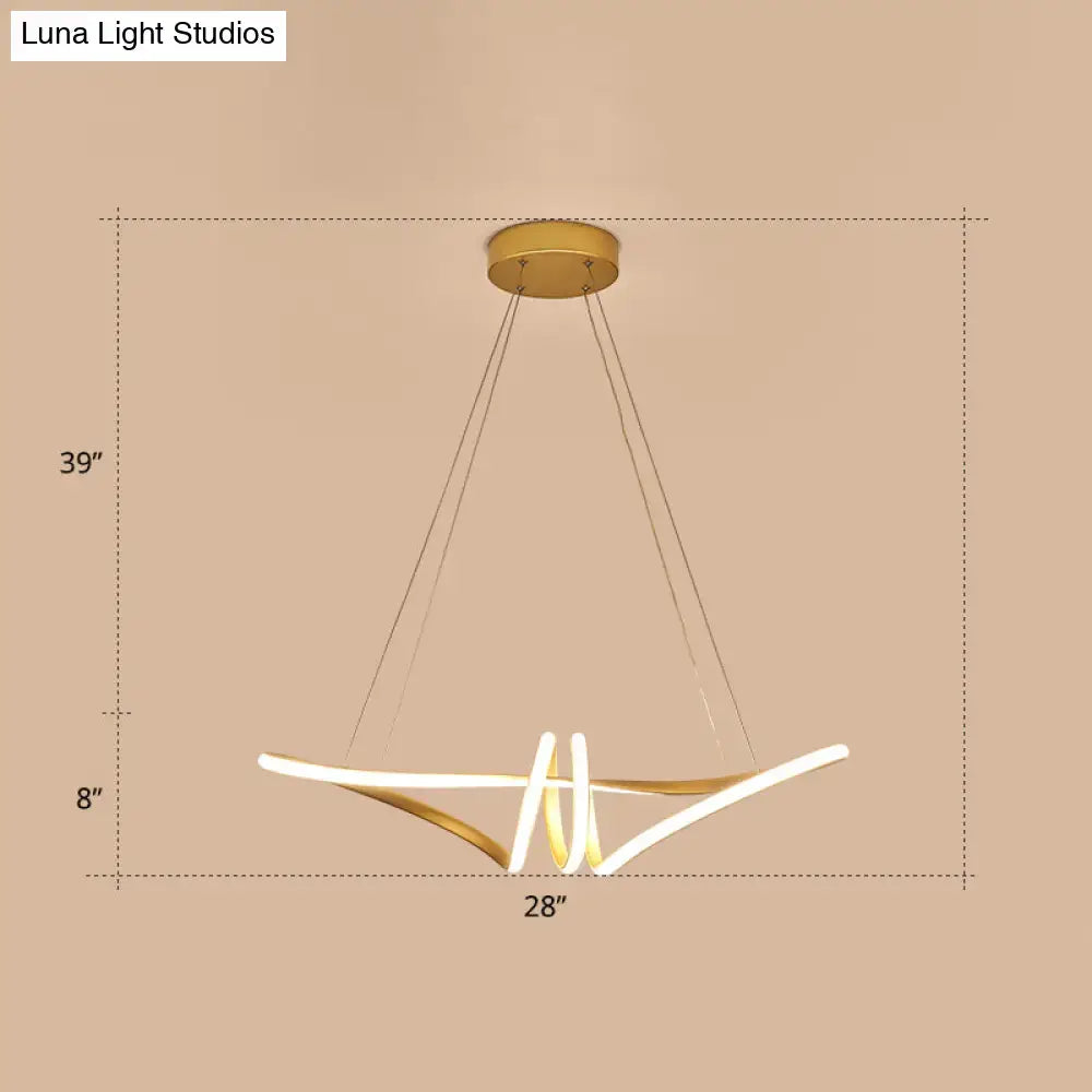 Modern gold and white led light fixture with sleek curved arms and gold finish twist island design for restaurants