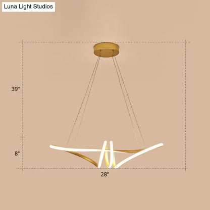 Modern gold and white led light fixture with sleek curved arms and gold finish twist island design for restaurants