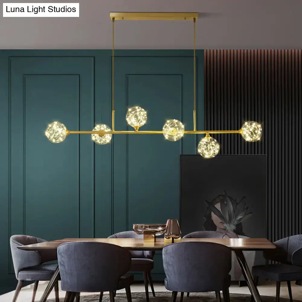 Decorbites minimalist led pendant ceiling light with gold-toned rods and five clear glass sphere shades