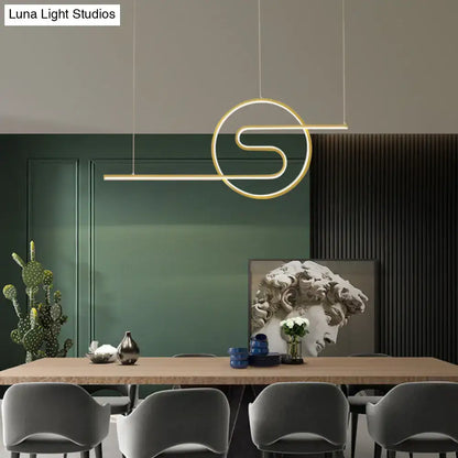 Gold-toned minimalist metal led hanging light with sleek abstract s shape for dining room and kitchen island by DecorBites