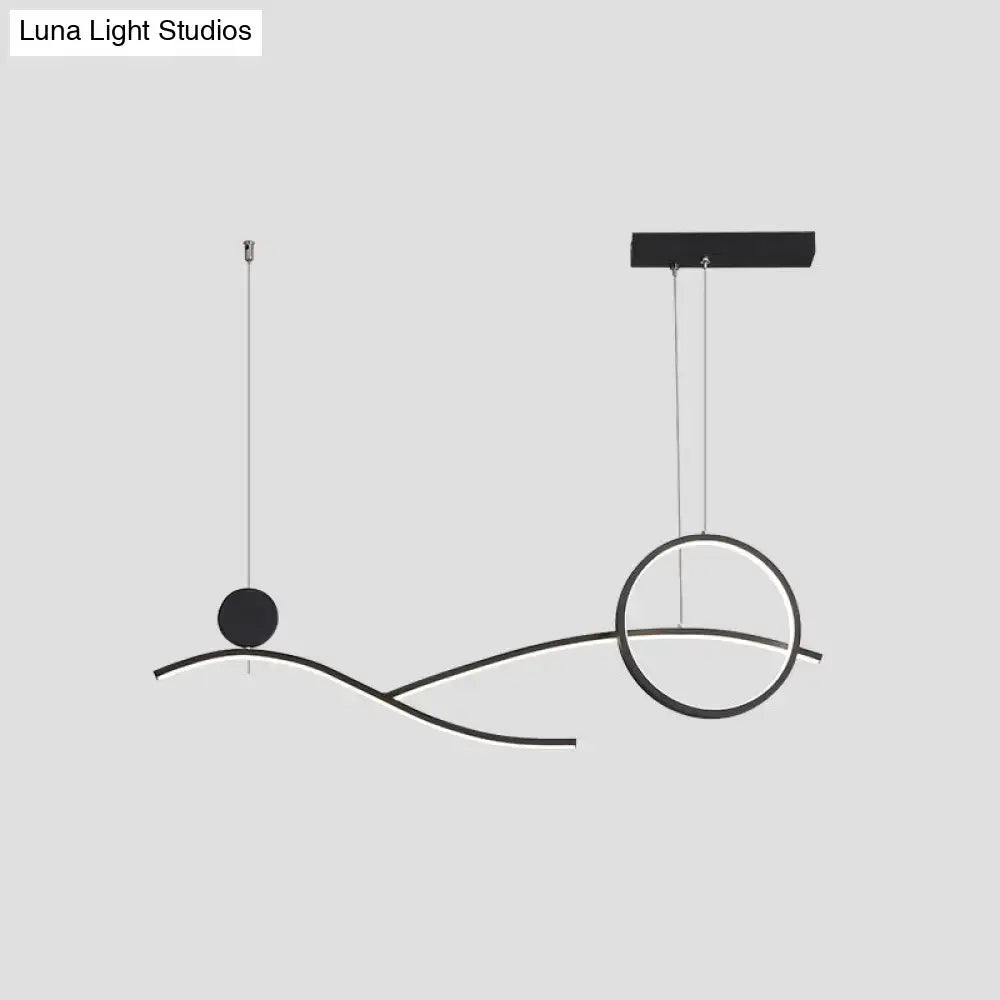 Modern black minimalist metal led hanging light with sleek curved lines and circular ring design for dining room