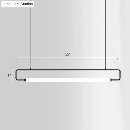 Black-framed minimalist metal LED pendant ceiling light with illuminated white strip designed for dining room fixture height
