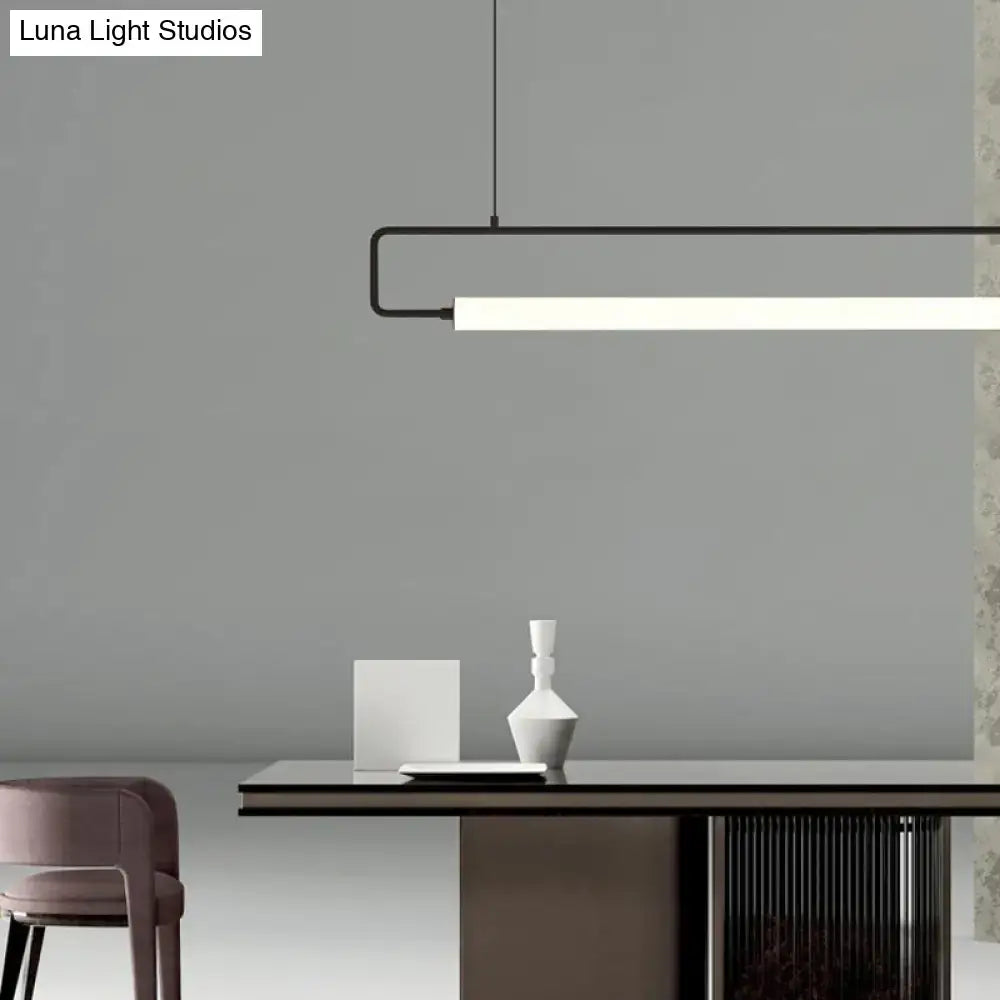 Modern black minimalist metal ceiling light with sleek rectangular design and white LED strip for dining room fixture height
