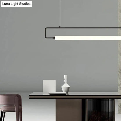 Modern black minimalist metal ceiling light with sleek rectangular design and white LED strip for dining room fixture height