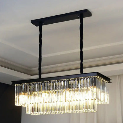 DecorBites™ minimalist prismatic crystal pendant light with black rectangular frame and cascading clear prisms