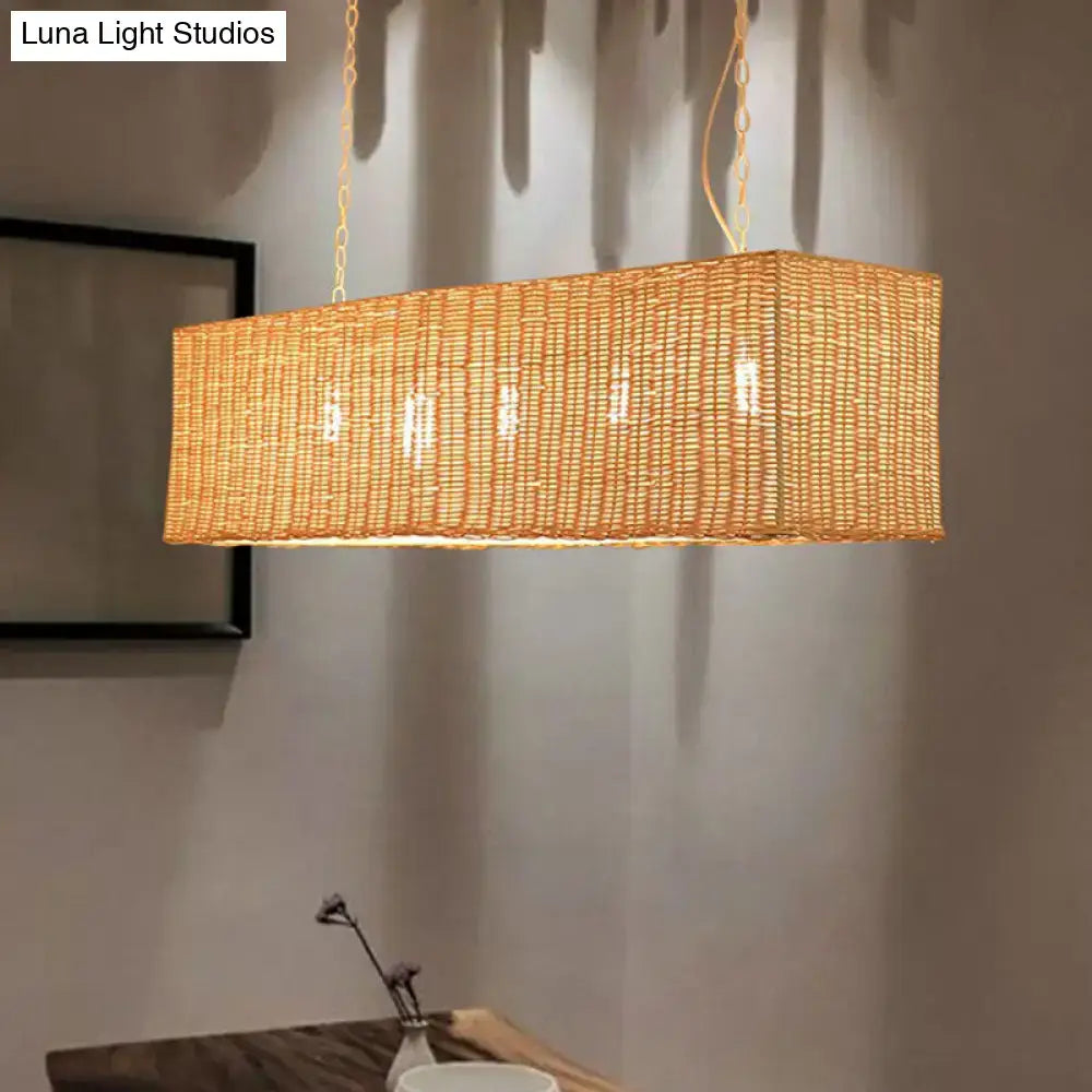 DecorBites minimalist rectangular rattan restaurant hanging lamp with natural tan weave and gold-toned chains suspension