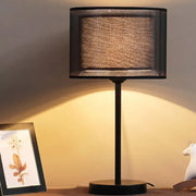 Decorbites minimalist black rectangular table lamp with beige fabric drum shade and sleek metal bulb base for living room