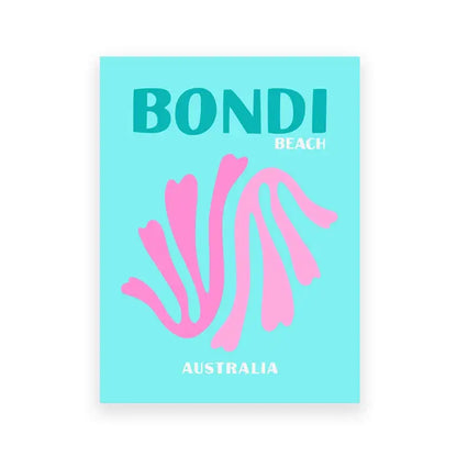 A vibrant turquoise minimalist travel poster with bold teal bondi beach text and pink seashell art print from DecorBites