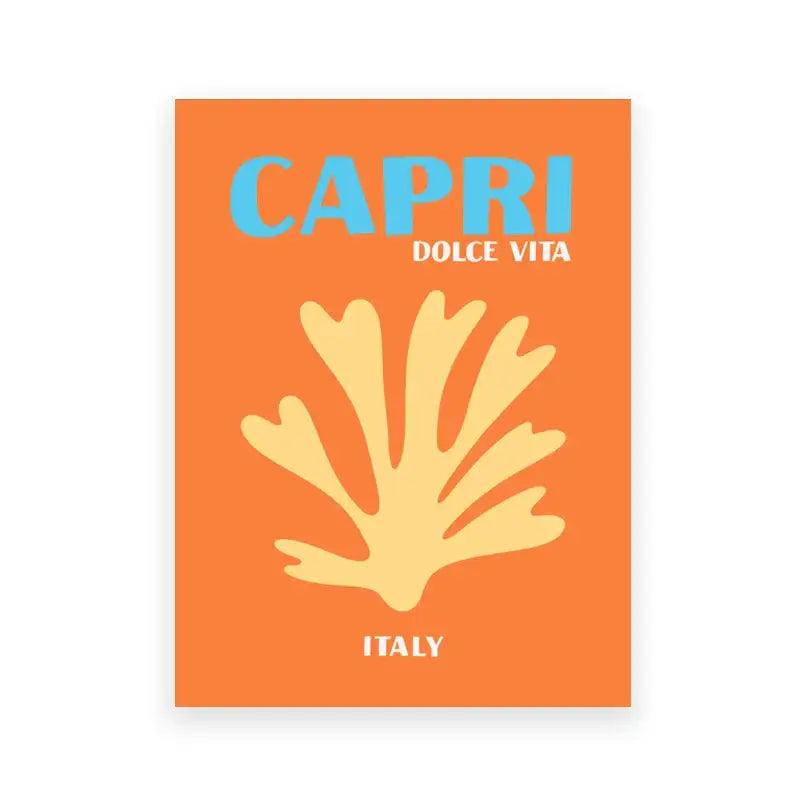 Orange minimalist travel poster with yellow coral design and blue capri text from DecorBites™ art prints set for living room