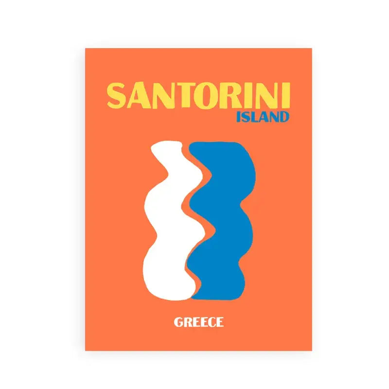 Vibrant orange decorbites™ minimalist travel posters featuring a stylized white and blue Santorini island art print