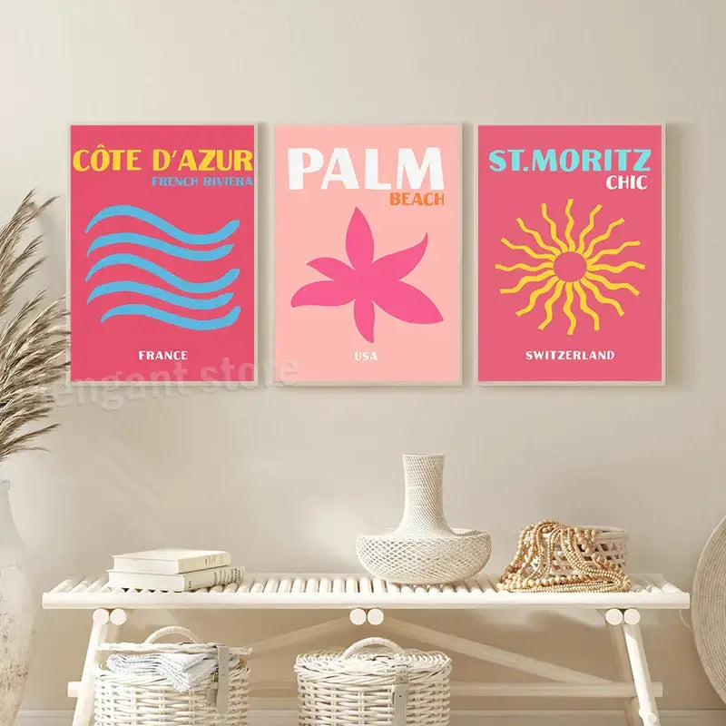 White woven vase with a slender neck and bulbous base featured alongside DecorBites™ minimalist travel posters art prints