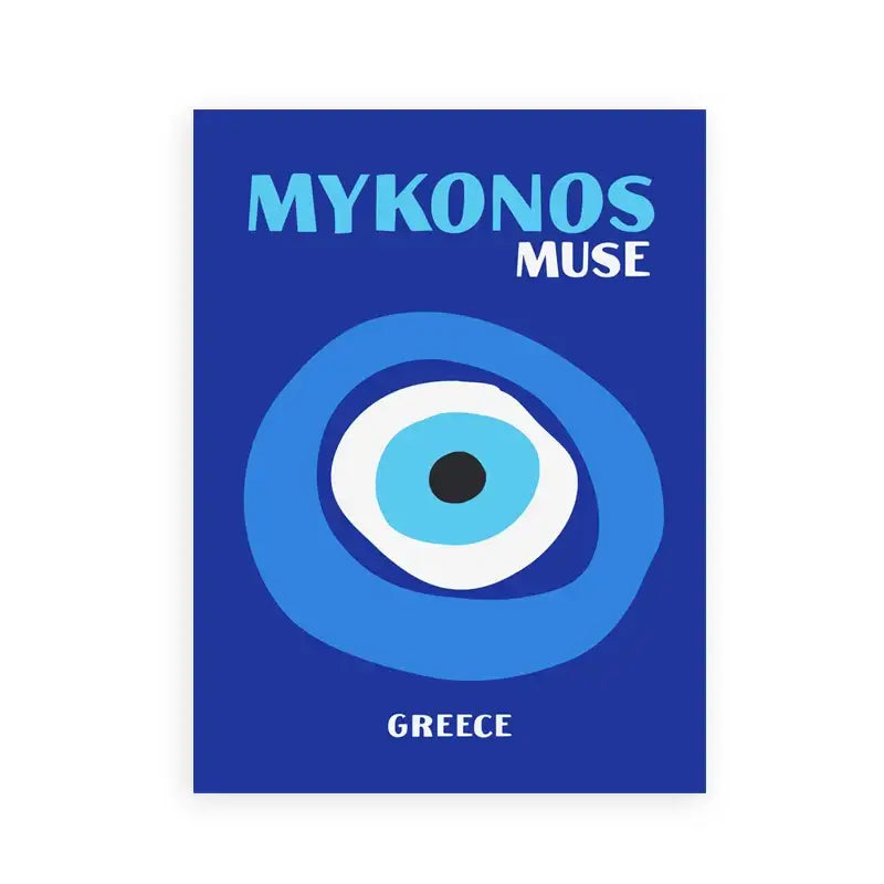 Blue rectangular minimalist travel poster featuring a stylized blue and white evil eye design from greece mykonos muse