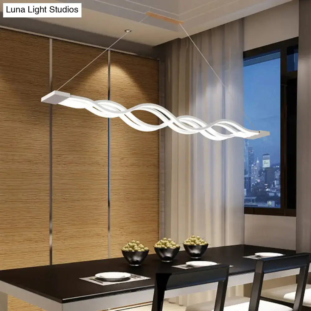 Modern white led acrylic pendant lamp with sleek twisted wavy suspended lighting fixture above dining table