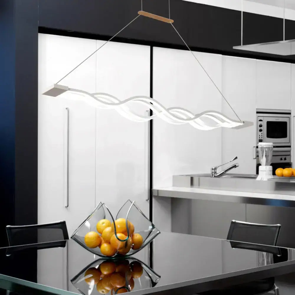 Modern white led acrylic pendant lamp with wavy suspended lighting design and wooden hanging bar for table lighting