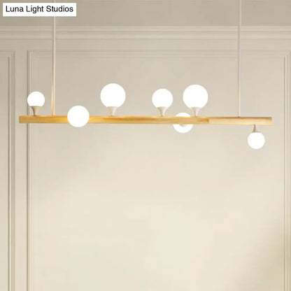 Modern minimalist wood linear hanging pendant light with six opal glass balls 220-240v 110-120v ideal for restaurants