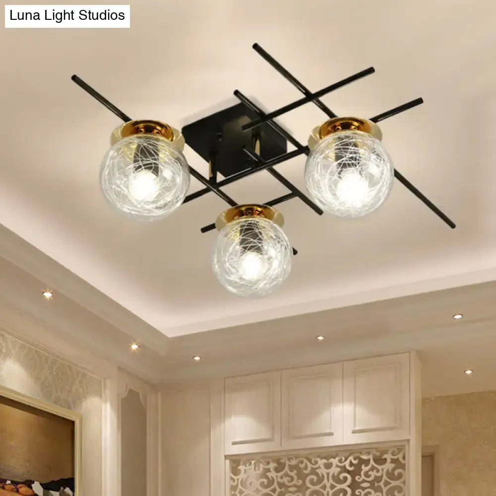 Modern black metal 3-head semi-flush ceiling light with clear smoke gray glass and gold-toned rims for bedroom 220v-240v 110v-120v