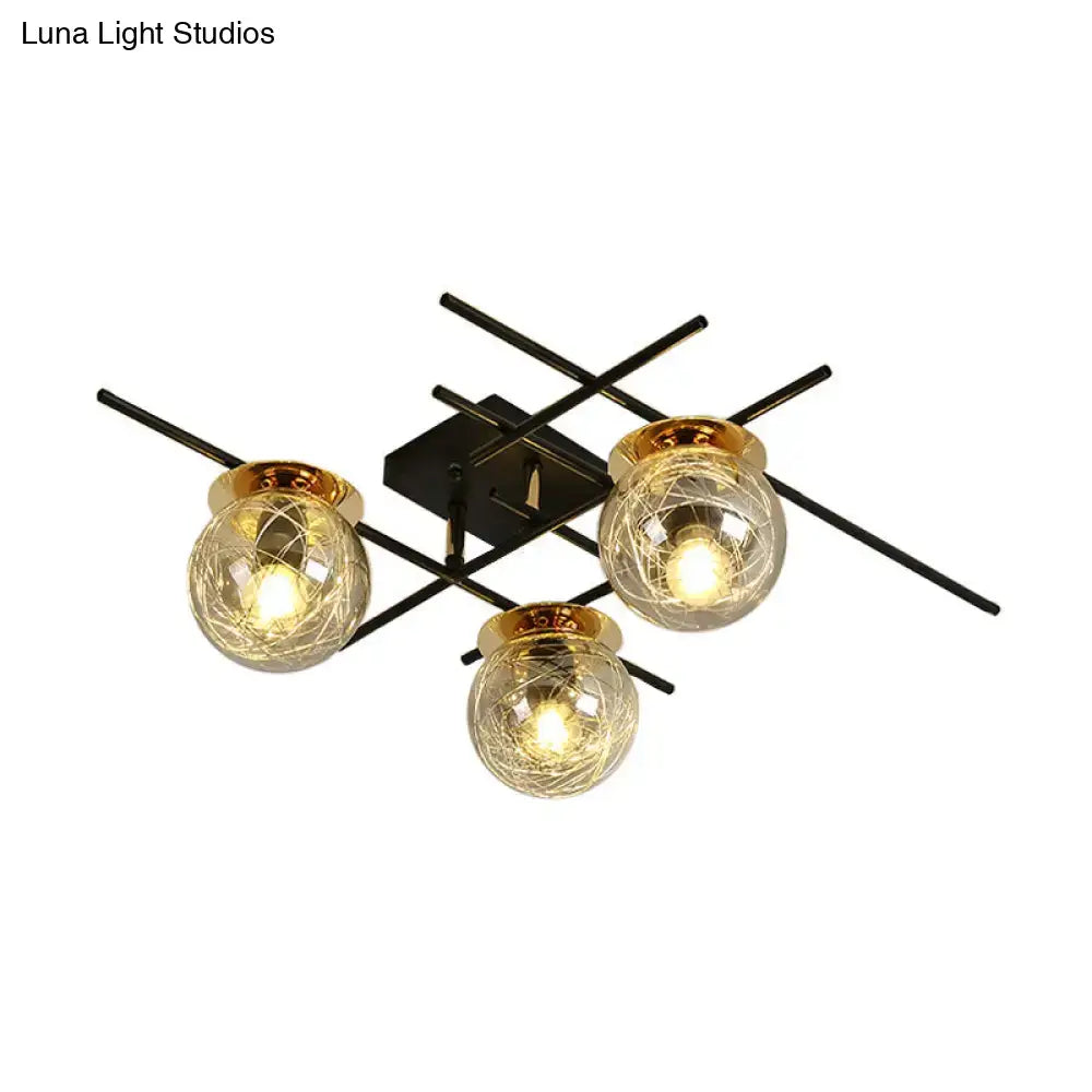Modern black metal 3-head semi-flush ceiling light with clear smoke gray glass and gold rims for bedroom 220v-240v 110v-120v