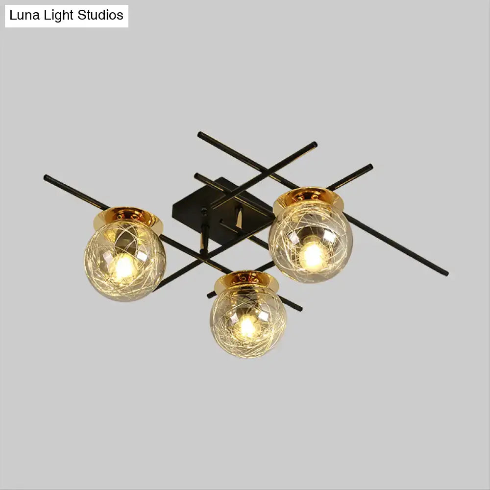 Modern black metal ceiling fixture with three clear smoke gray glass globes and gold rims for bedroom 220v-240v 110v-120v