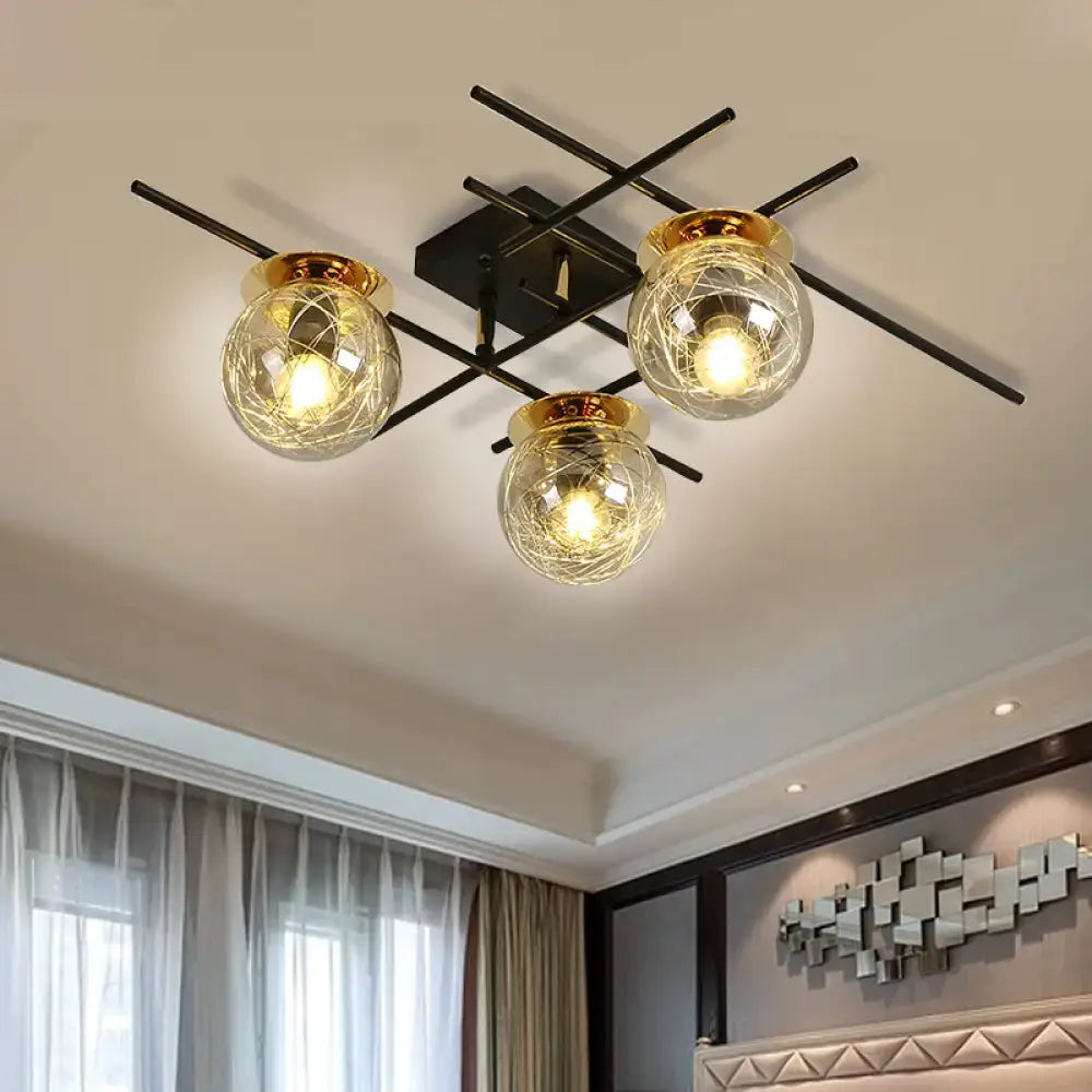 DecorBites™ minimalistic 3-head semi-flush ceiling light with clear smoke gray glass and gold-toned rims for bedroom use