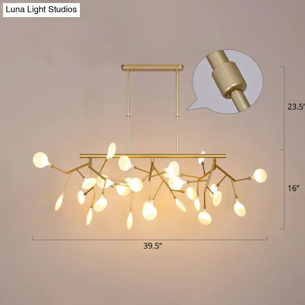 Gold-toned DecorBites™ minimalistic acrylic twig ceiling pendant with frosted glass globes for dining room lighting