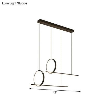 Modern black finish light fixture featuring minimalistic iron design with circular and linear LED elements suspended