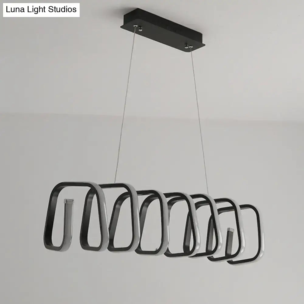 Modern black and silver metal led rectangular pendant island light with sleek interlocking ring design for dining room ceilings