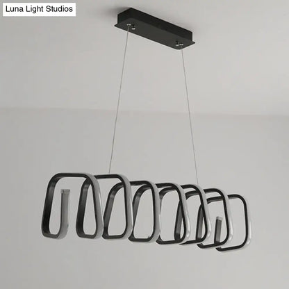 Modern black and silver metal led rectangular pendant island light with sleek interlocking ring design for dining room ceilings
