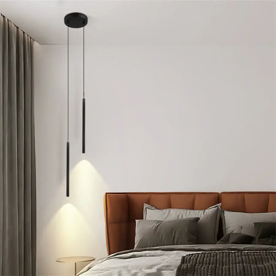 Black cylindrical led pendant lights with sleek modern design by DecorBites™ ideal for kitchen island lighting