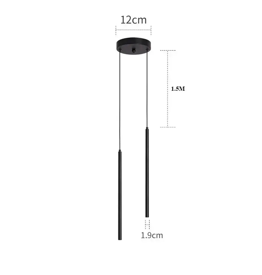 Black minimalist 2cm led pendant light with two cylindrical rods from circular mount for kitchen island by DecorBites™