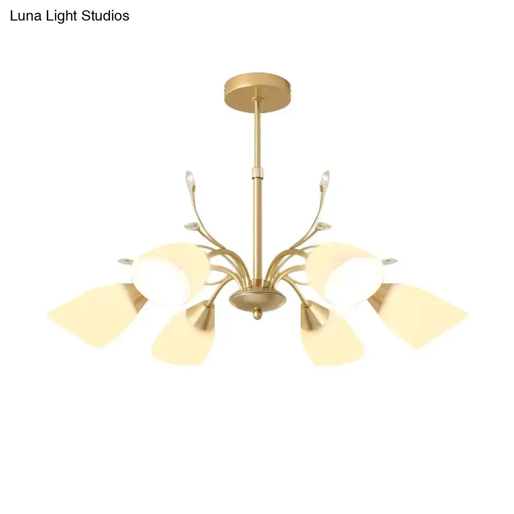Decorbites modern gold hanging chandelier with five frosted leaf-shaped white glass shades and crystal accents
