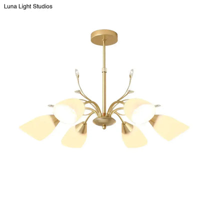Decorbites modern gold hanging chandelier with five frosted leaf-shaped white glass shades and crystal accents