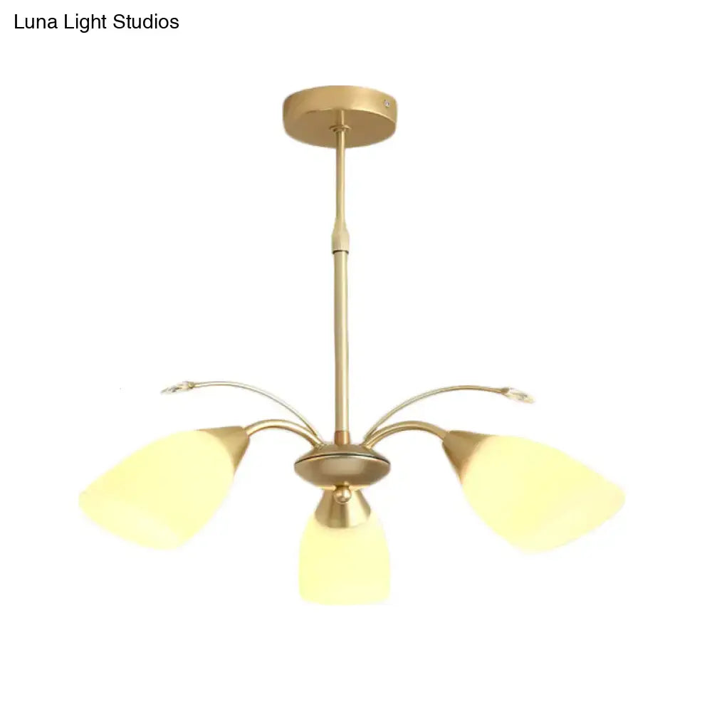 Gold-toned DecorBites™ modern 3-arm ceiling fixture with frosted white glass shade chandelier for elegant lighting