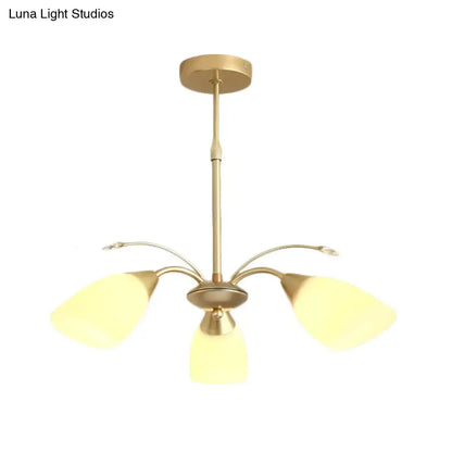Gold-toned DecorBites™ modern 3-arm ceiling fixture with frosted white glass shade chandelier for elegant lighting
