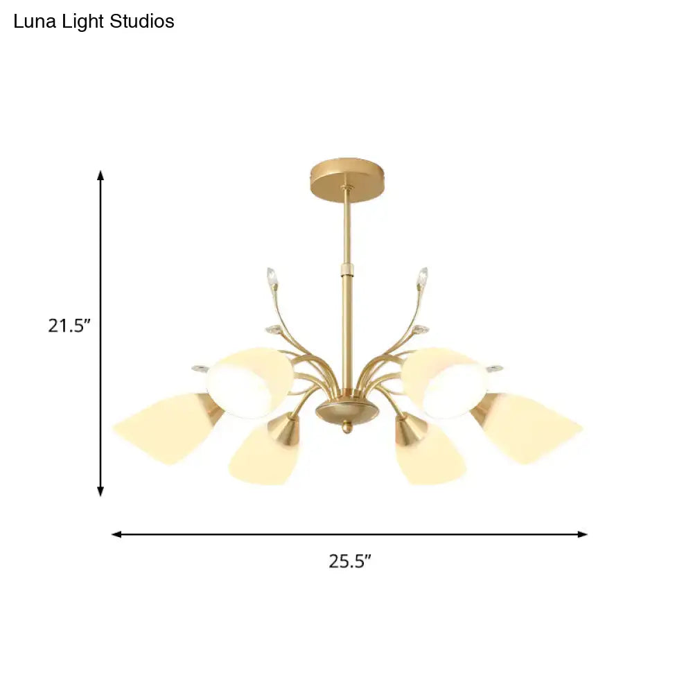 DecorBites™ modern gold hanging chandelier with five frosted glass shades and delicate branching arms