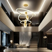 DecorBites™ modern 3-layer led chandelier pendant light with gold-toned circular led rings and acrylic accents