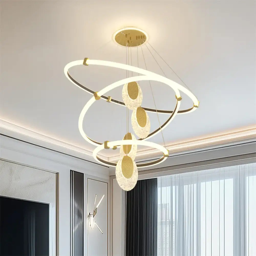 DecorBites™ modern 3-layer LED chandelier pendant light with gold and white circular LED rings and acrylic accents