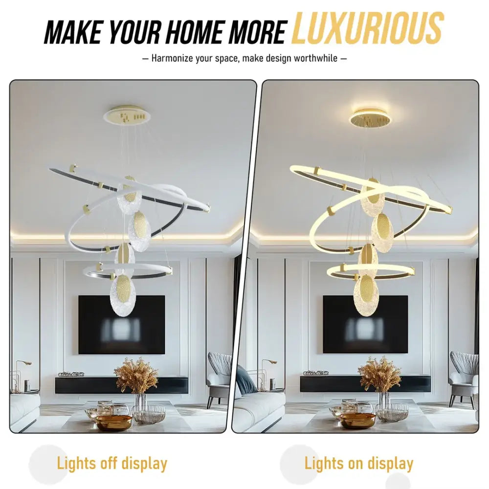 DecorBites™ modern 3-layer LED chandelier pendant light with white and gold circular LED rings and acrylic accents