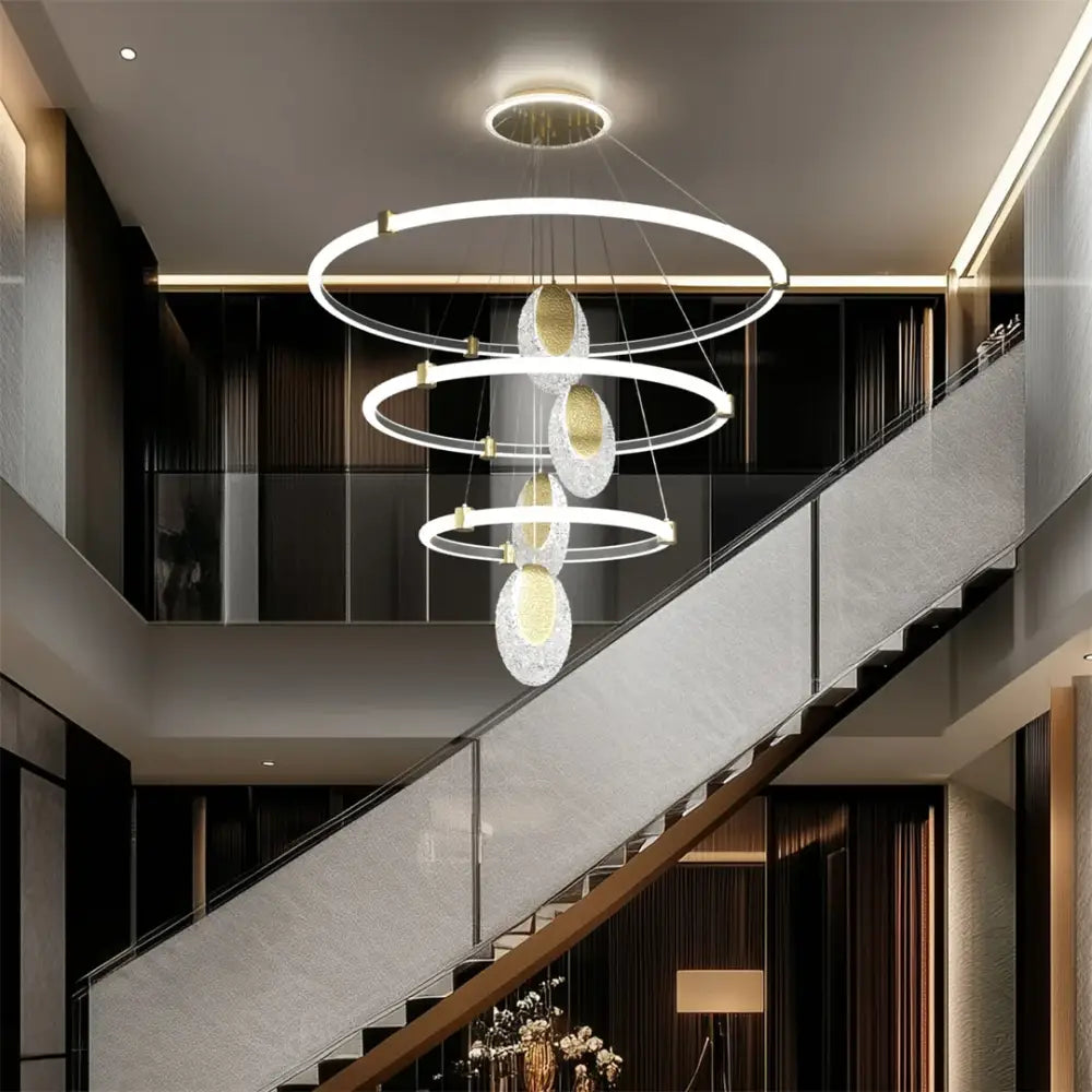 Decorbites modern 3-layer led chandelier pendant light with three circular led rings and acrylic accents with crystal orbs