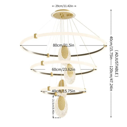 Decorbites modern 3-layer led chandelier pendant light with three circular led rings and acrylic accents in gold and white